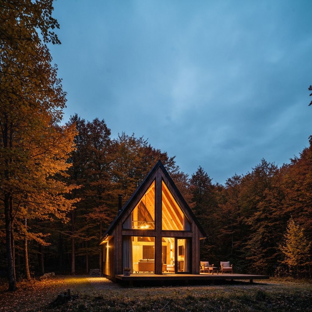 A-Frame Hütte fertig in Herbstwald mit Innenbeleuchtung