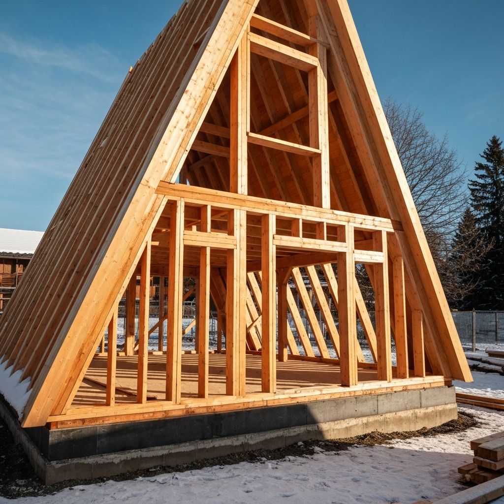 A-Frame Hütte im Bau, zeigt Holzstruktur