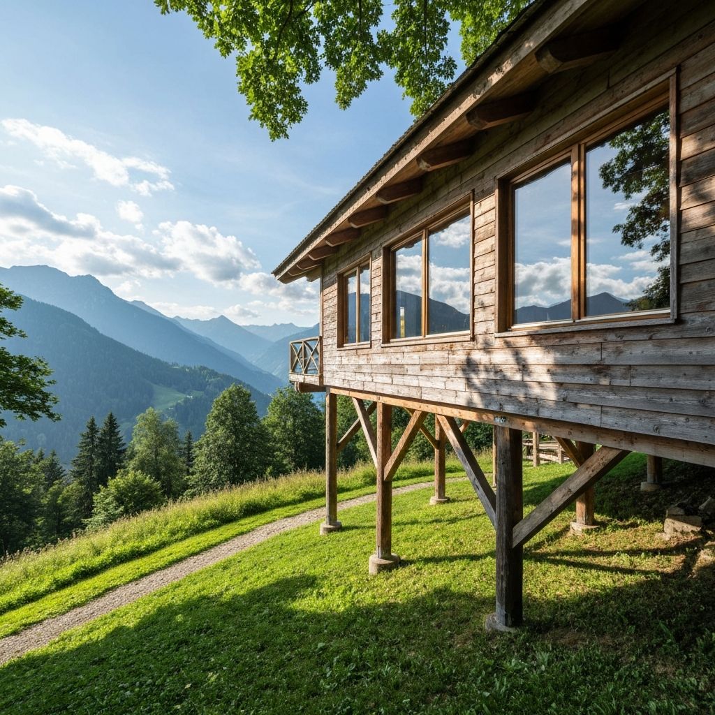Rustikale Blockhütte auf Stelzen auf grünem Hang
