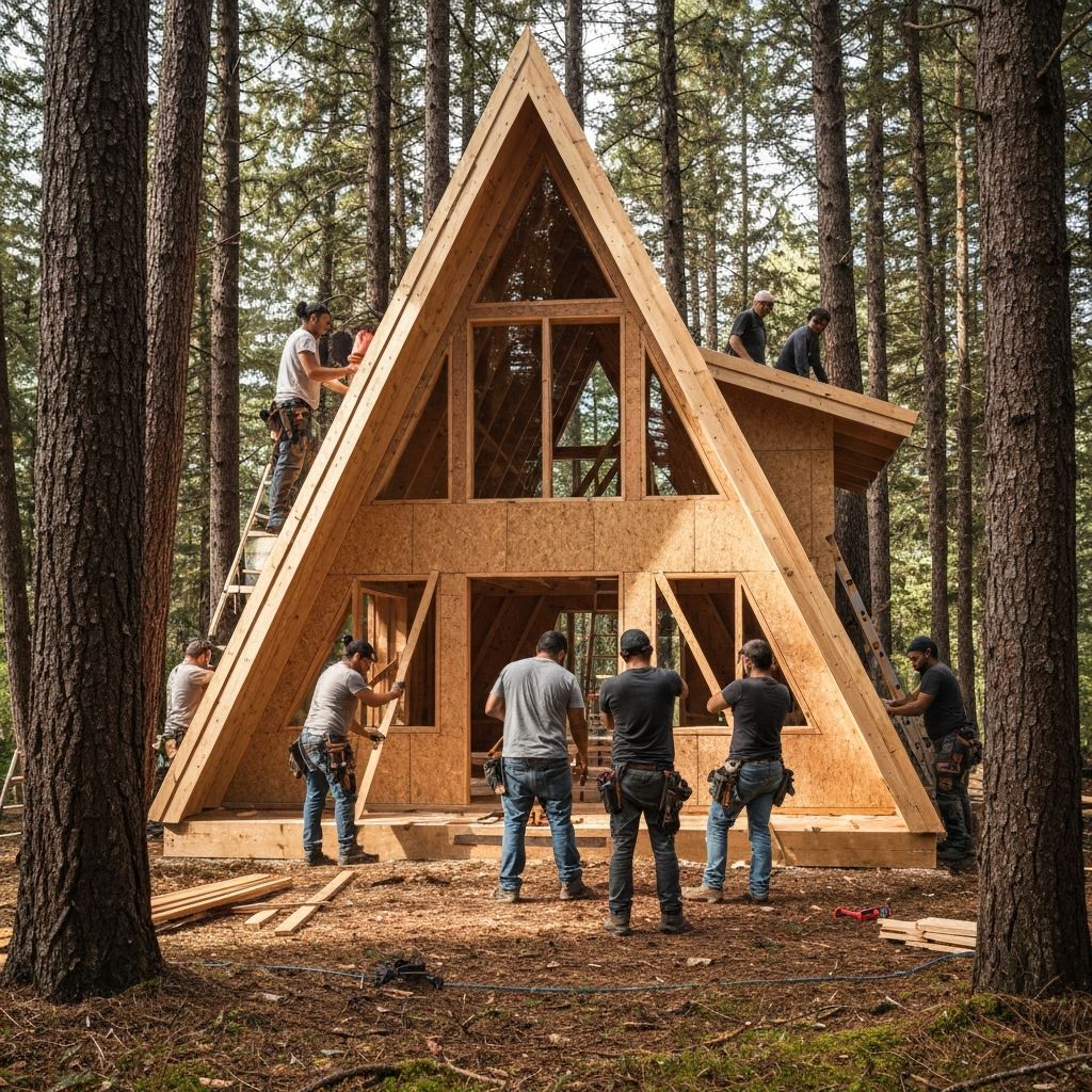 A-Frame Struktur im Bau mit Arbeitern beim Aufbau