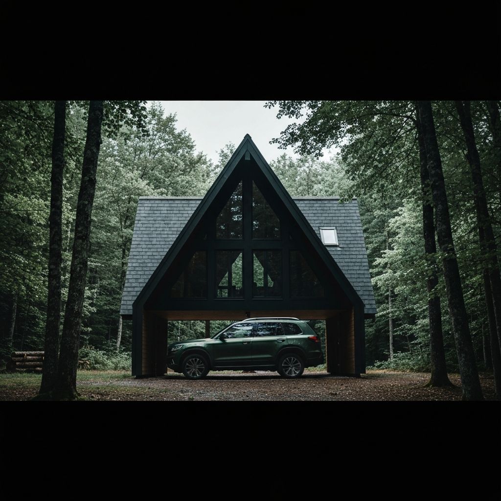 Moderne A-Frame Hütte mit Auto darunter auf dem Waldboden geparkt