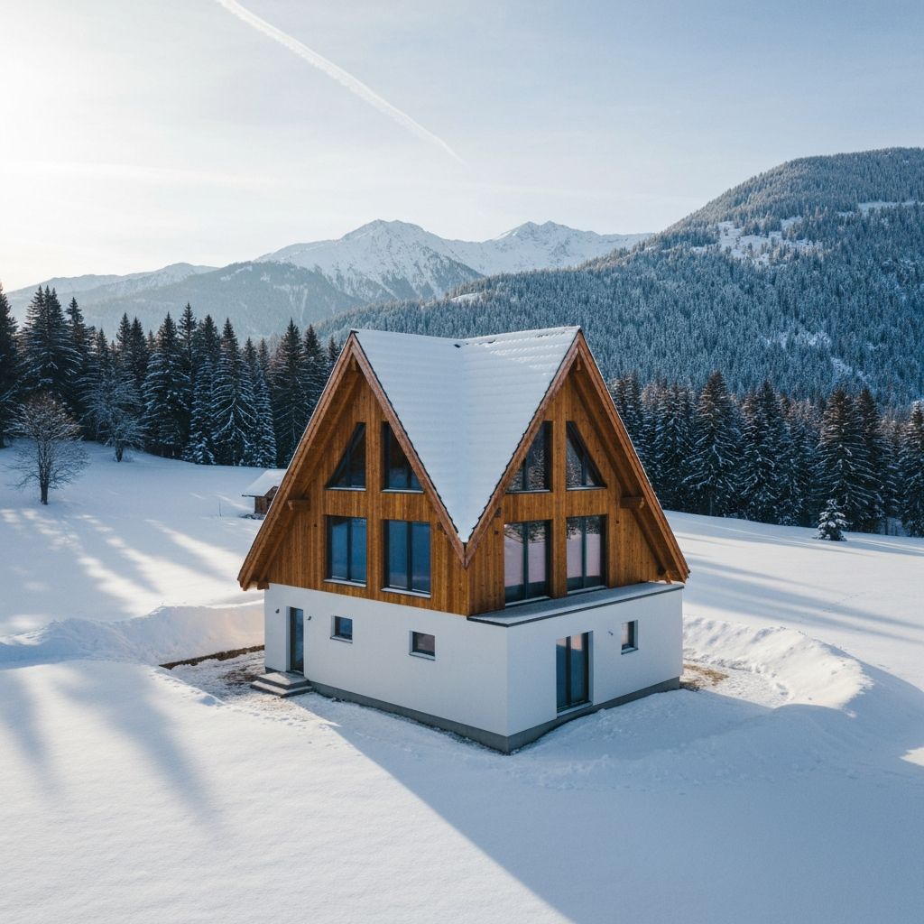 Vollständige A-Frame Hütte aus Holz mit weißer Betonbasis